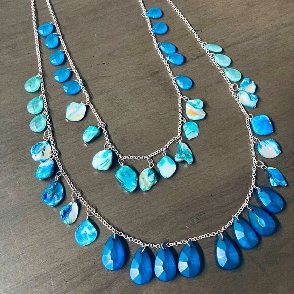 Blue Bead Sea Shell Double Strand Silver Chain Necklace - Picture 1 of 4